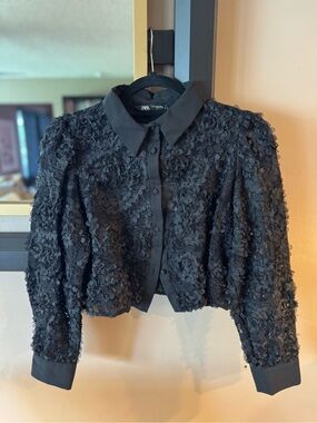 ZARA Black Floral Appliqué Button-Up Cropped Jacket